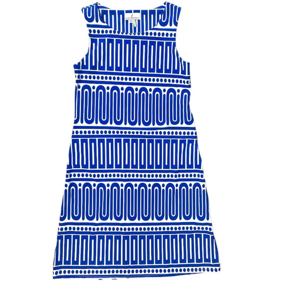 Jude Connally Blue and White Sleeveless Geometric Shift Dress